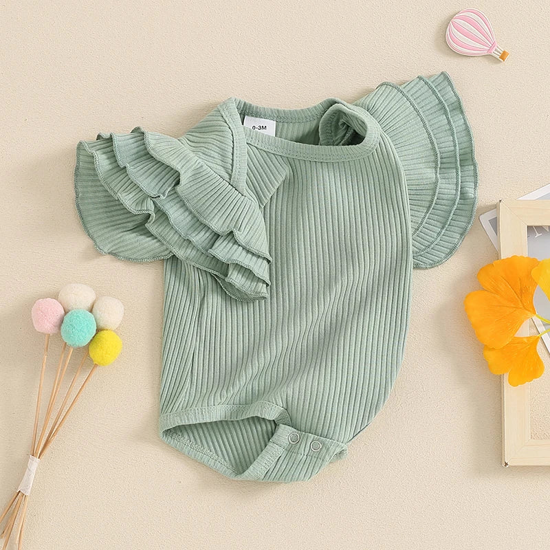 Baby Girl Summer Clothes Ribbed Plain Ruffle Sleeve Short Sleeve Bodysuit Rib Knit Romper