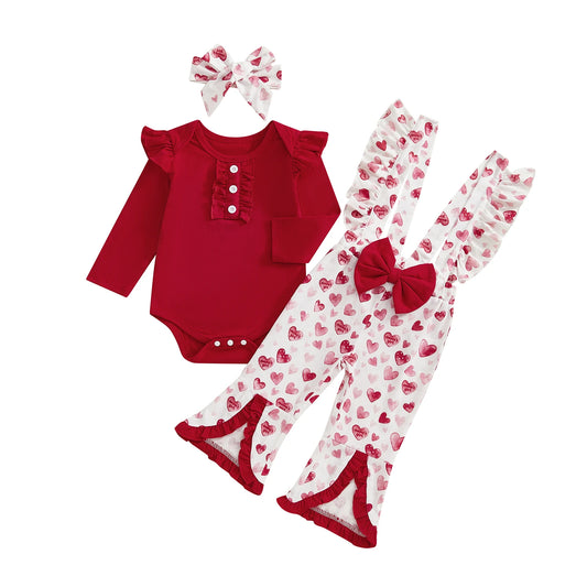 Baby Girls 3Pcs Valentine's Day Outfit Long Sleeve O Neck Ruffled Jumpsuit Headband Heart Print Overalls Set