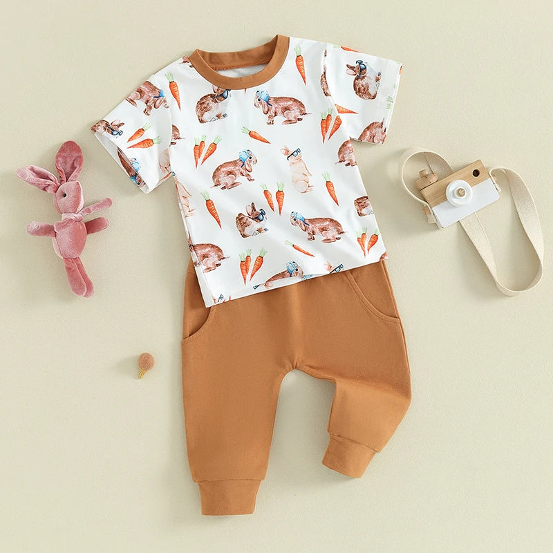 Baby Toddler Boy Girl 2Pcs Easter Outfit Carrot Rabbit Easter Bunny Print Short Sleeve T-Shirts Elastic Waist Long Pants Clothes Set