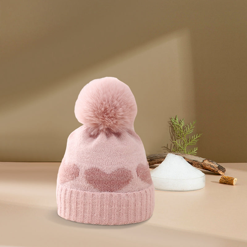 Baby Girl Winter Hat Cute Heart Pattern Plush Pom Pom Knit Beanie Warm