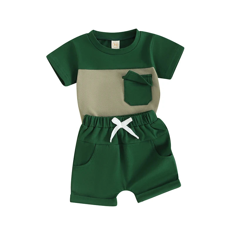 Toddler Baby Boy 2Pcs Summer Outfits Short Sleeve Contrast Color Top with Pocket Shorts Set Clothes