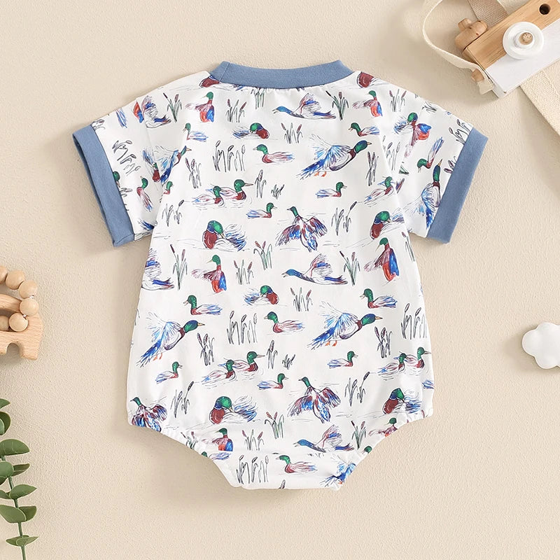 Baby Boy Romper Short Sleeve Crew Neck Duck Bird Print Jumpsuit