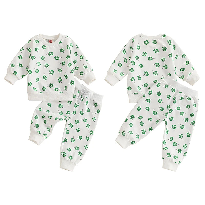 Baby Toddler Girls Boys 2Pcs St. Patrick's Day Outfit Four Leaf Clover Shamrock Print Long Sleeve Crewneck Top and Elastic Pants Jogger Set