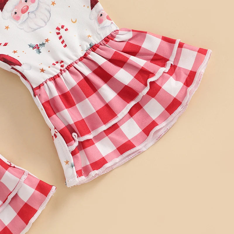 Baby Girls 2Pcs Romper Christmas Print Long Sleeve Jumpsuits Flare Sleeve and Pant and Cute Headband Set Infant Outfits