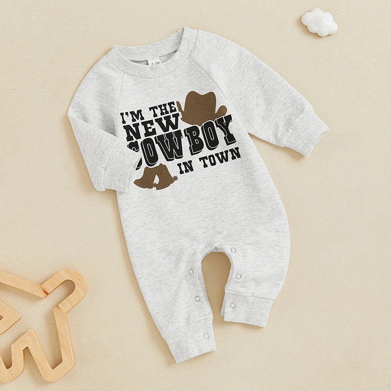 Baby Boy I'm The New Cowboy In Town Western Romper Letter Print Round Neck Long Sleeve Full Length Jumpsuit Fall