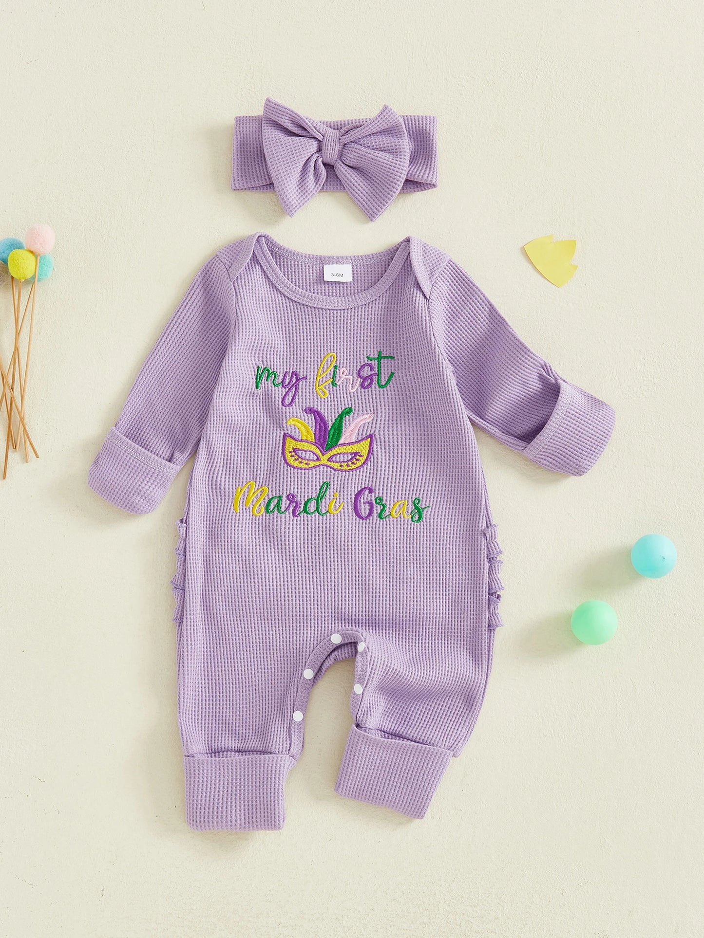 Baby Girl 2Pcs My First Mardi Gras Romper Letter Embroidery Full Length Long Sleeve Crew Neck Bodysuit Bow Headband Set