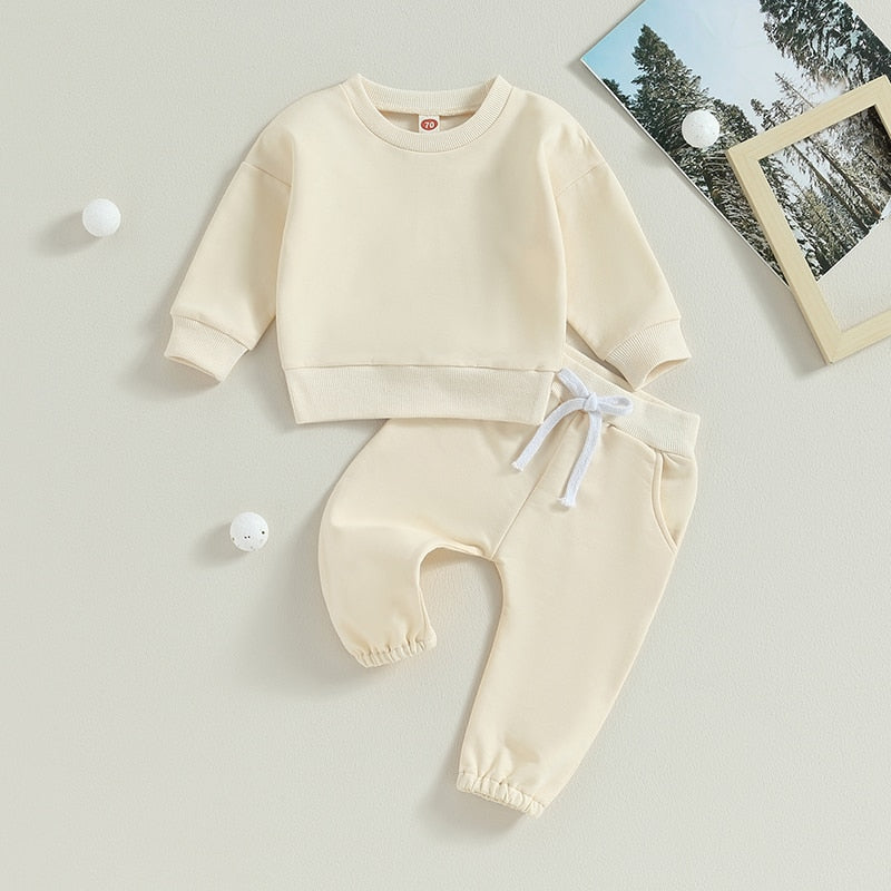 Baby Toddler Girls Boys 2Pcs Fall Sets Solid Long Sleeve Tops Pants Outfit