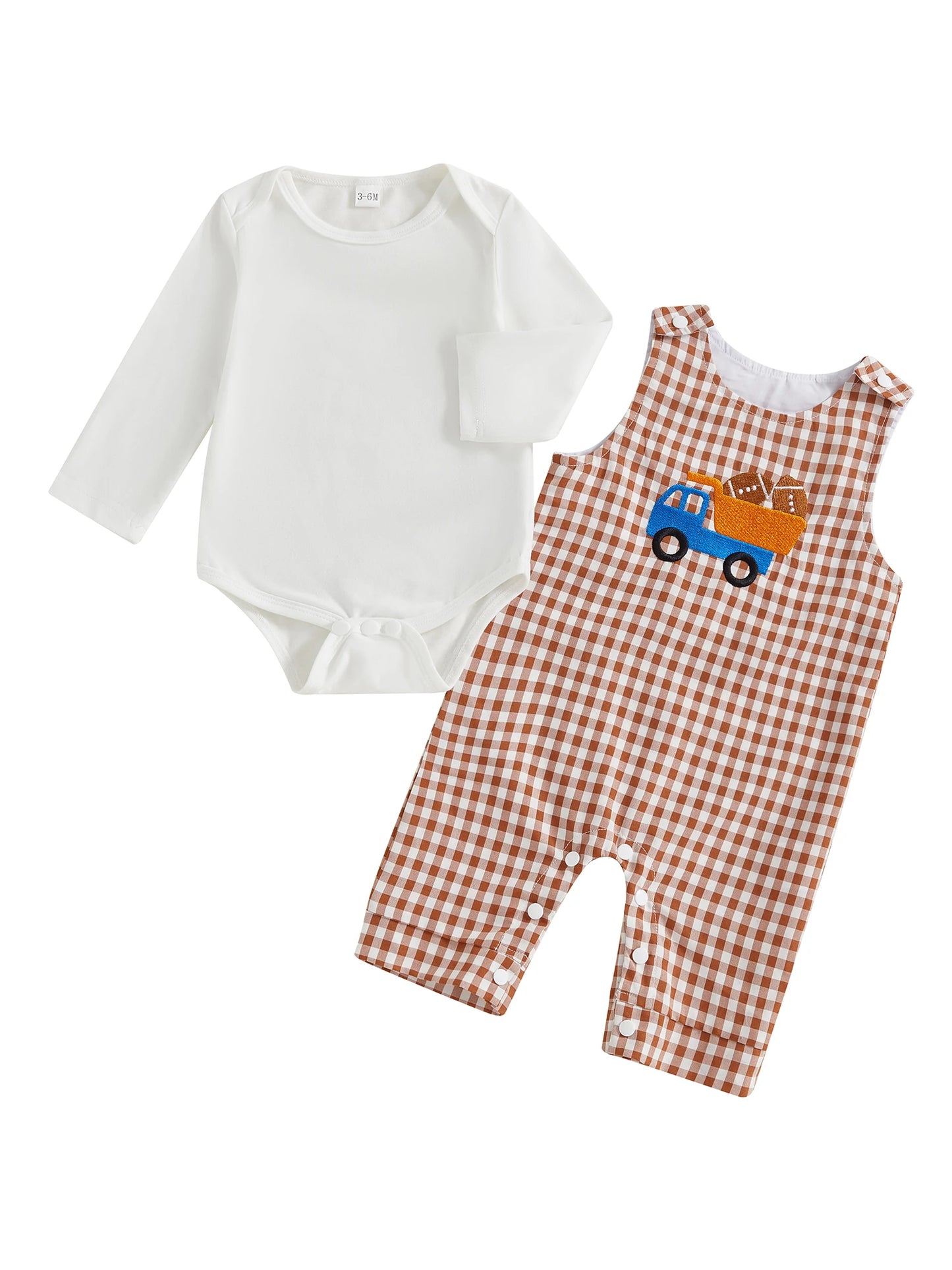 Baby Boy 2Pcs Fall Outfit Crew Neck Long Sleeve Romper and Truck Football Embroidery Plaid Overall Pants Set