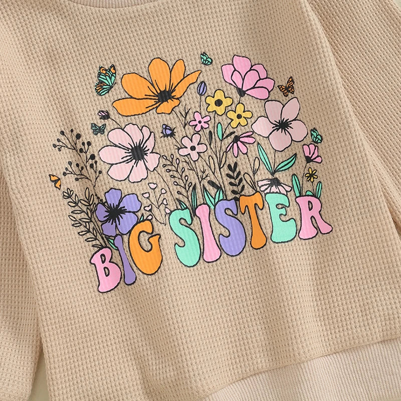 Toddler Kids Girls Big Sister Autumn Long Sleeve Crewneck Letter Flower Print Loose Fit Pullover Top