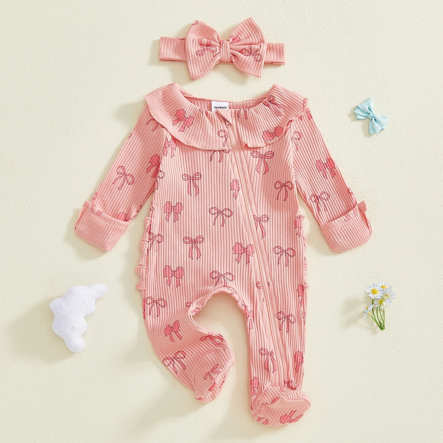 Baby Girls 2Pcs Outfits Cute Long Sleeve Round Neck Bow Print Full Length Footed Jumpsuit with Bow Headband Set