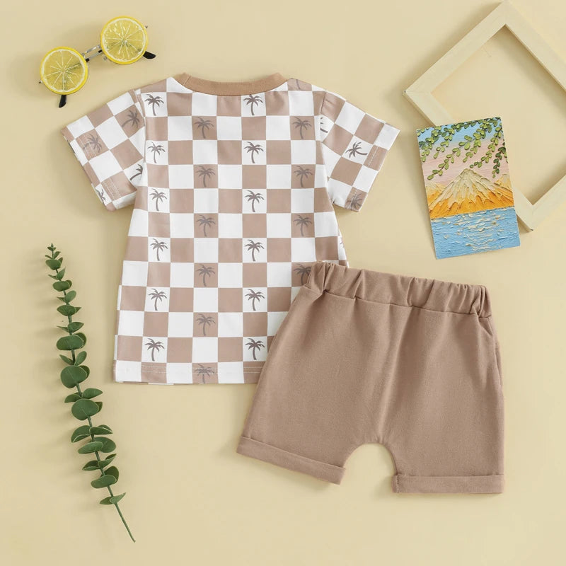 Baby Toddler Boys 2Pcs Summer Spring Shorts Set Short Sleeve Checker Palm Tree Print Top with Elastic Waist Shorts Outfit