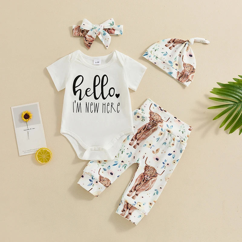 Baby Girls 4Pcs Outfit Hello I'm New Here Letter Print Short Sleeve Romper and Floral Cow Pants Headband Beanie Hat Set