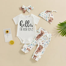 Load image into Gallery viewer, Baby Girls 4Pcs Outfit Hello I&#39;m New Here Letter Print Short Sleeve Romper and Floral Cow Pants Headband Beanie Hat Set
