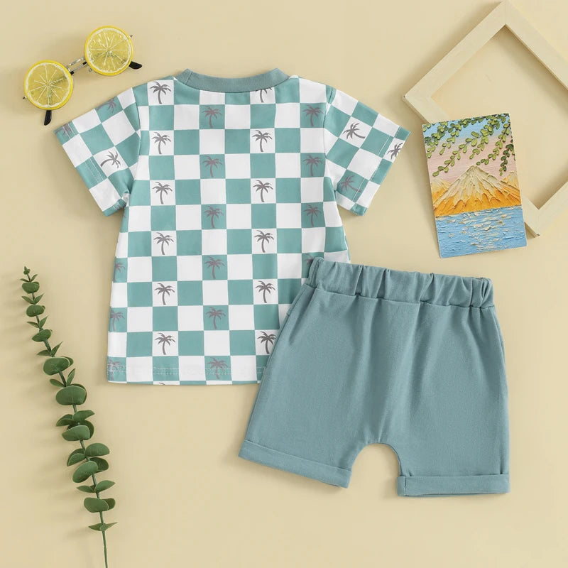 Baby Toddler Boys 2Pcs Summer Spring Shorts Set Short Sleeve Checker Palm Tree Print Top with Elastic Waist Shorts Outfit