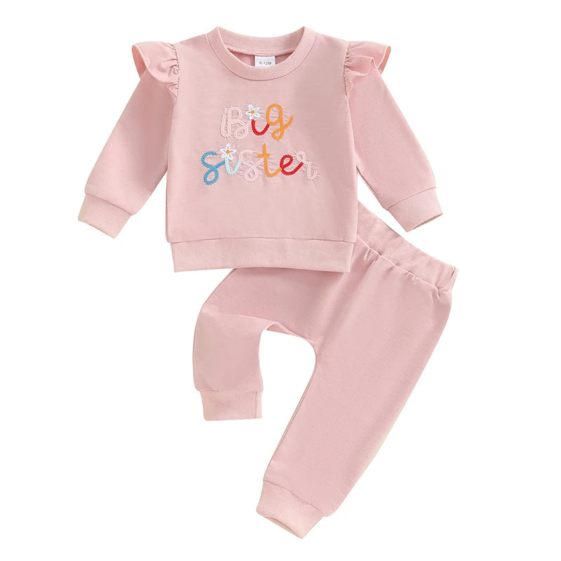 Toddler Kids Girls 2Pcs Big Sister Fall Outfit Letter Embroidery Long Sleeve Top with Elastic Waist Solid Pants Set