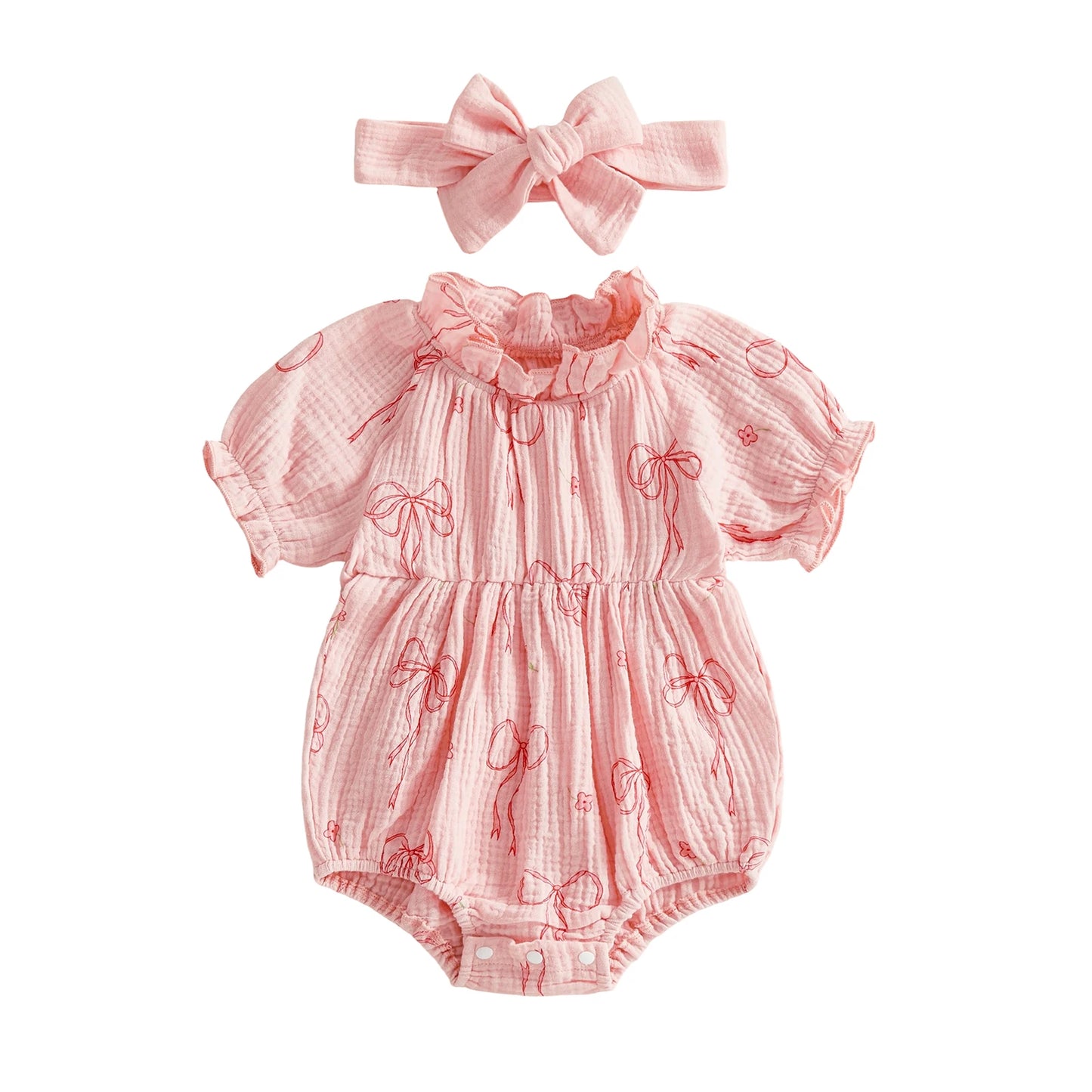 Baby Girls 2Pcs Outfit Cute Short Sleeve Round Neck Bow Flower Print Jumpsuit with Headband Set