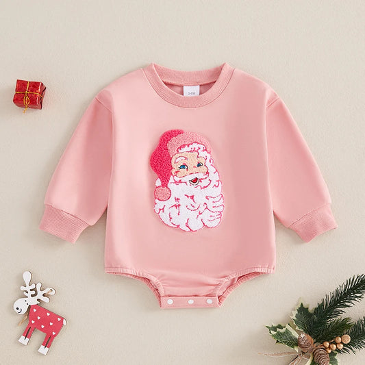 Baby Girl Christmas Bubble Romper Santa Embroidered Round Neck Long Sleeve Jumpsuit