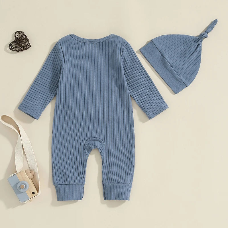 Baby Boy 2Pcs Lil Bro Jumpsuit and Hat Set Long Sleeve Round Neck Letter Print Ribbed Romper with Beanie Outfit