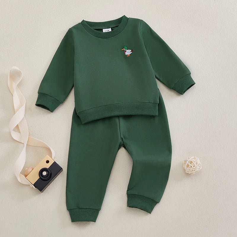 Baby Toddler Girl Boy 2Pcs Outfit Duck Embroidery Long Sleeve Crew Neck Top with Elastic Waist Pants Jogger Set