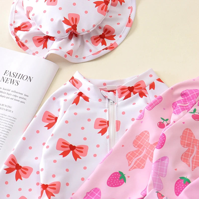 Baby Toddler Girls 2Pcs Rash Guard Swimsuit with Hat Bow Floral Print Zip Up Long Sleeve Crew Neck Swimwear Bathing Suit Set