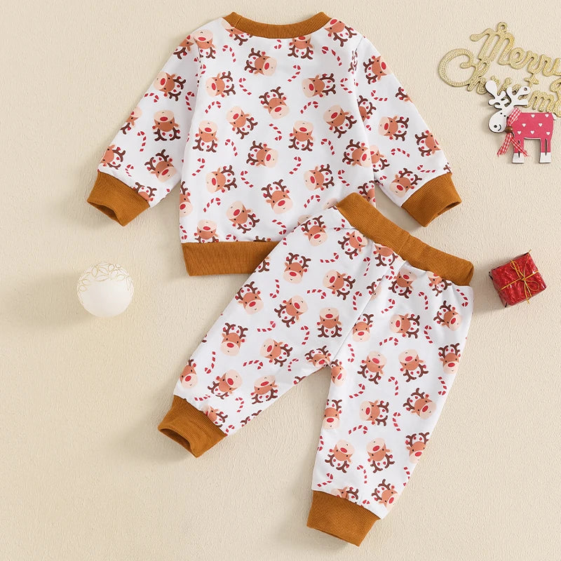 Baby Toddler Boys Girls 2Pcs Christmas Jogger Set Cartoon Reindeer Print Long Sleeve Crew Neck Top with Elastic Waist Pants Outfit