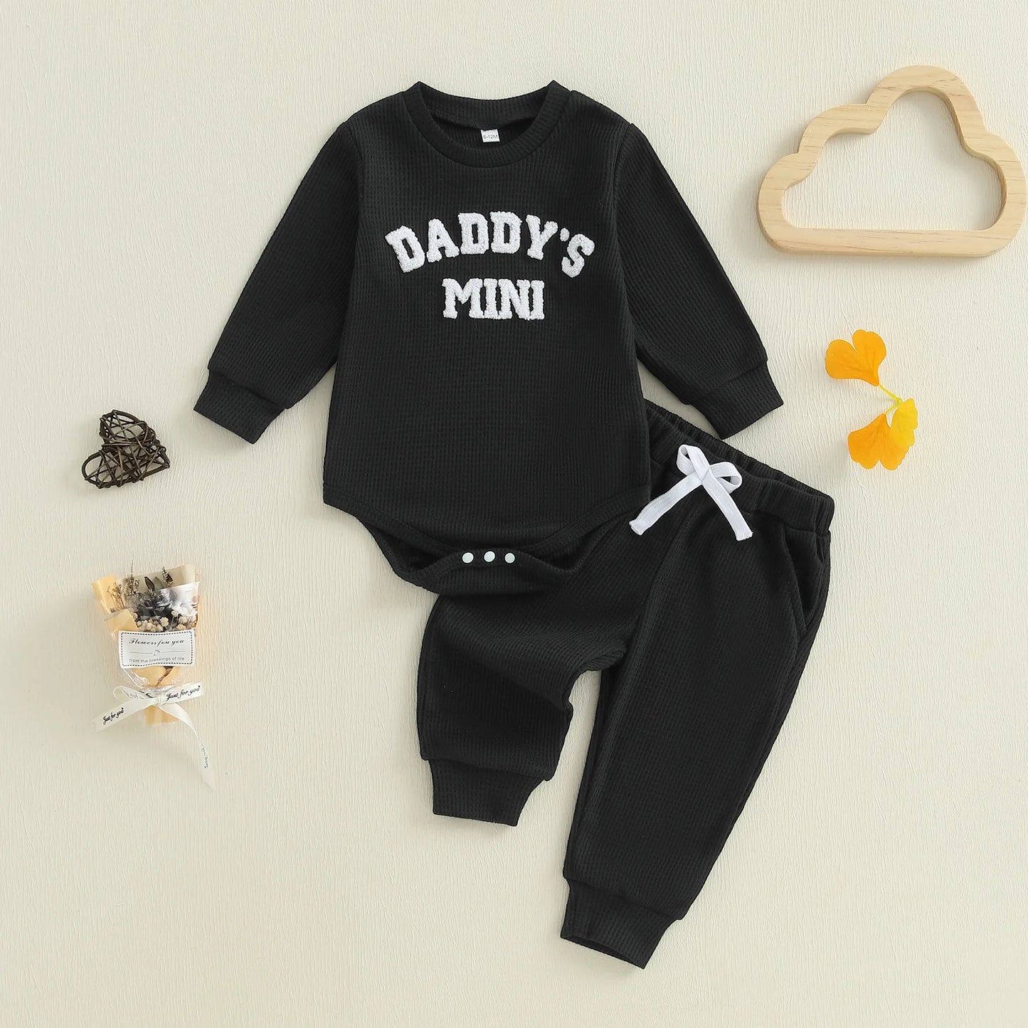 Baby Boy 2Pcs Daddy's Mini Fall Outfit Letter Embroidery Long Sleeve Romper Elastic Waist Jogger Pants 2Pcs Set
