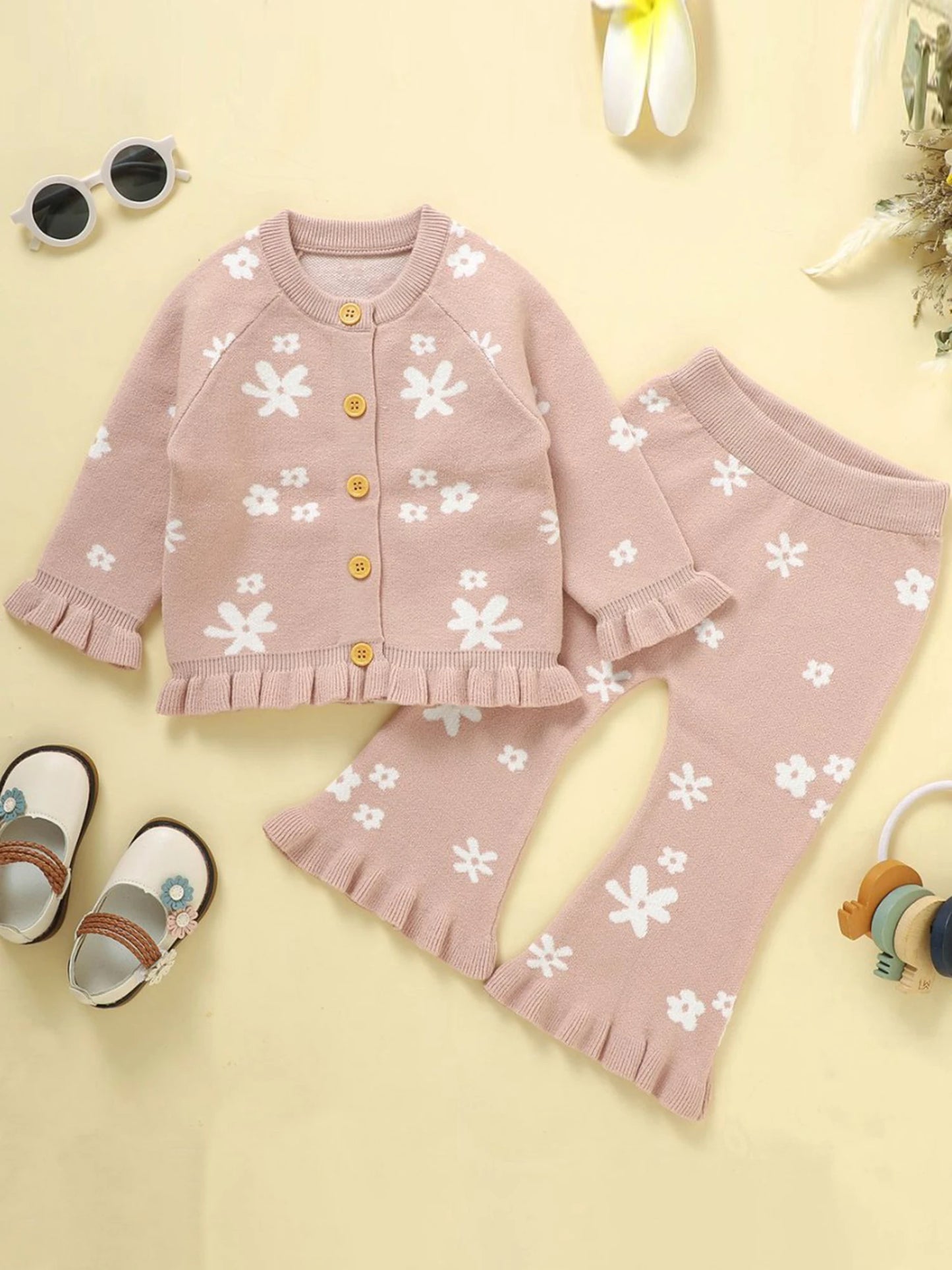 Baby Toddler Girl 2Pcs Fall Outfits Long Sleeve Floral Print Knit Cardigan Tops Flare Pants Set Toddler Clothes