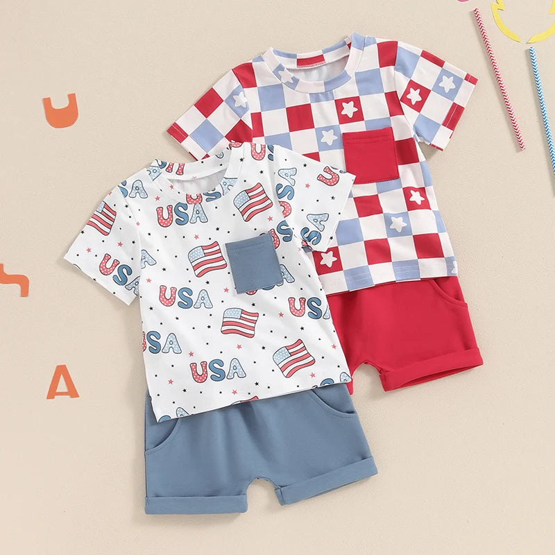 Baby Toddler Boys 2Pcs 4th of July USA Outfit Short Sleeve Letter Flag/Star Checkerboard Print Top Drawstring Shorts Set