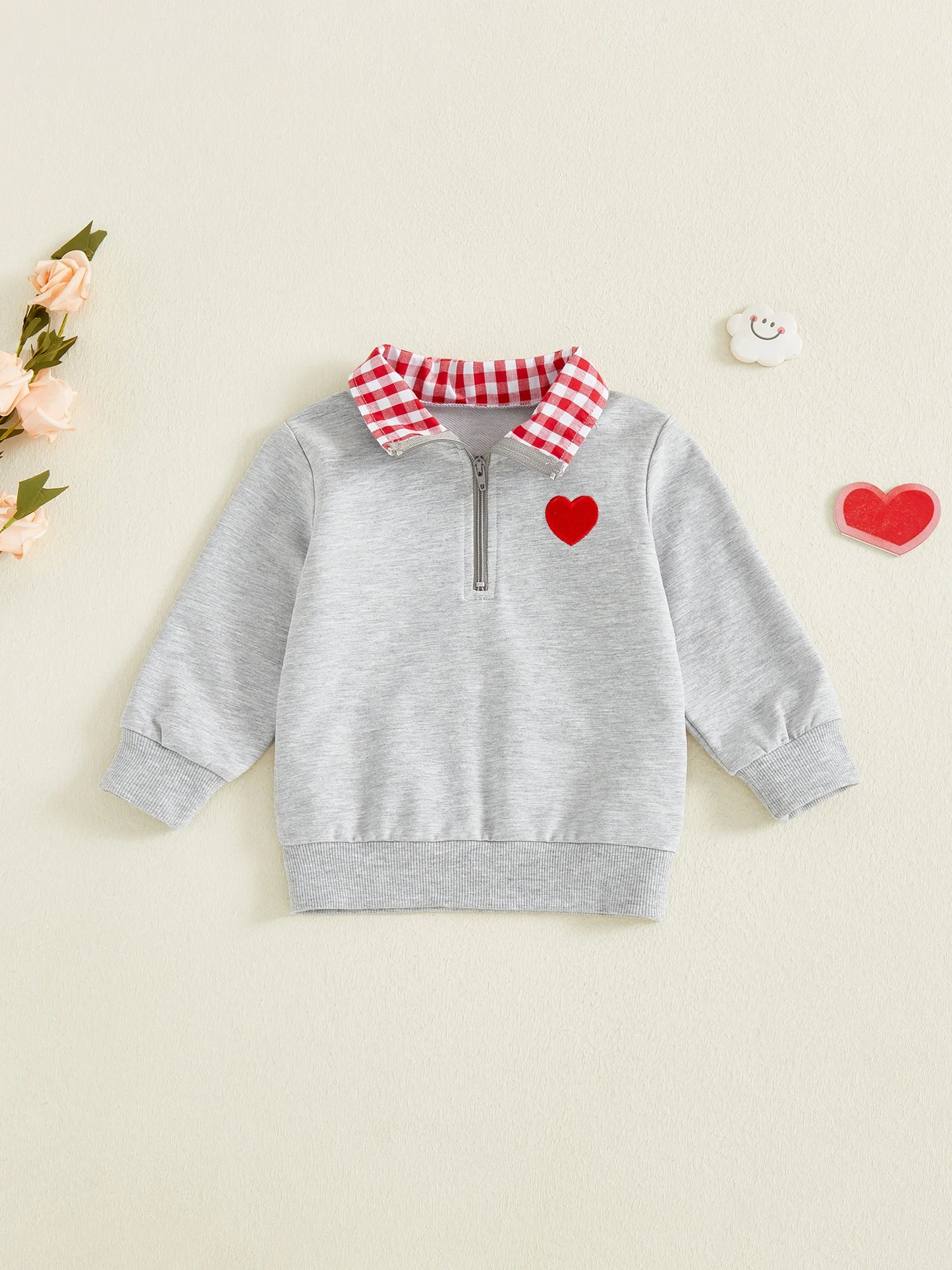Baby Toddler Boys Girls Long Sleeve Plaid Collar Embroidery Heart Tops for Valentine Day