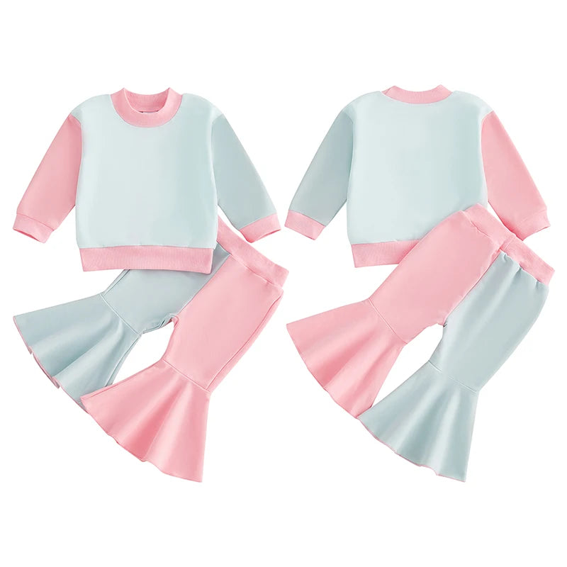 Baby Toddler Girls 2Pcs Fall Set Long Sleeve Crewneck Contrast Color Top Flared Pants Set Outfit