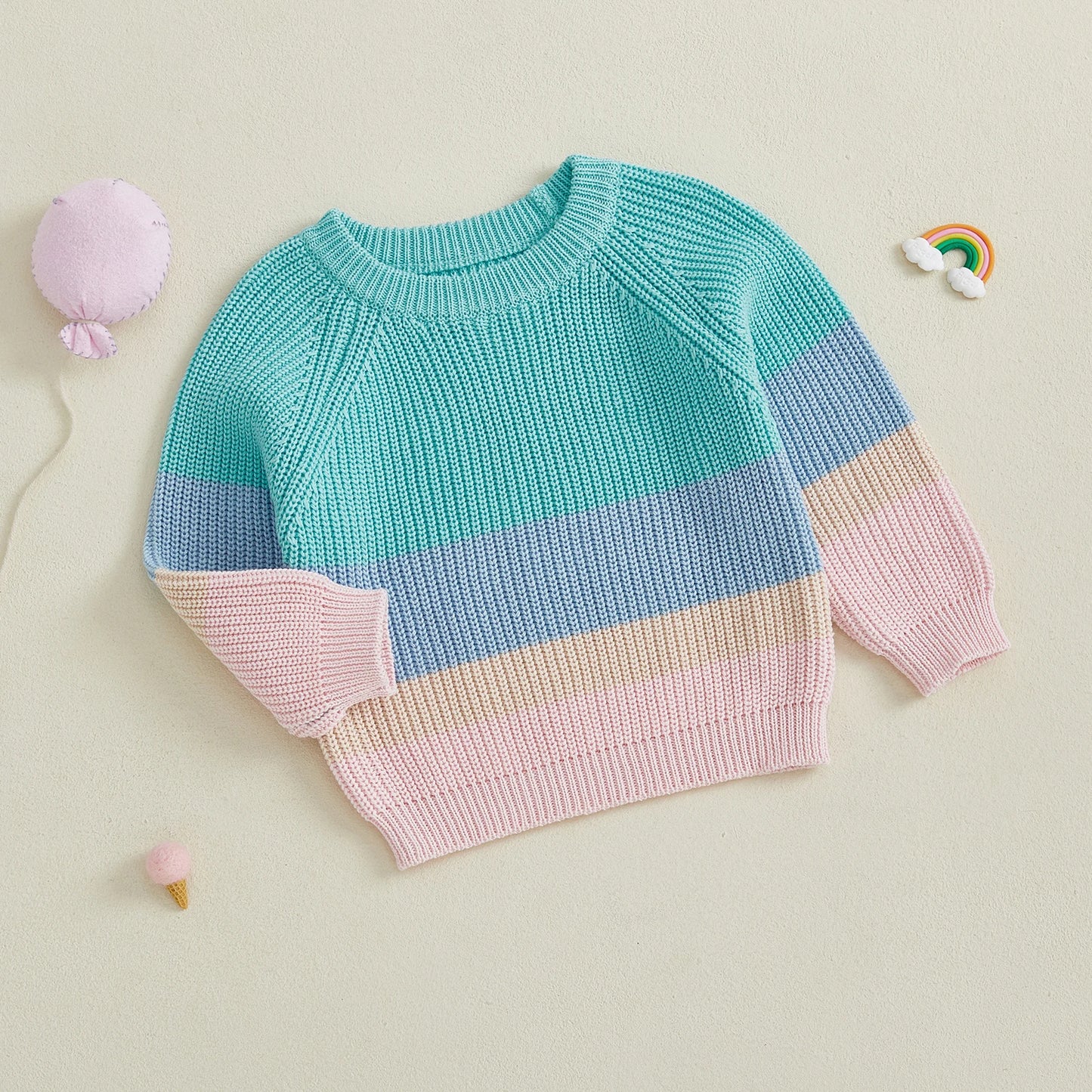 Baby Toddler Girl Sweater Contrast Color Stripes Crewneck Long Sleeve Pullover Chunky Knit Top