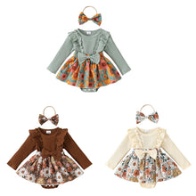 Load image into Gallery viewer, Baby Toddler Girls 2Pcs Fall Outfit Flower Print Ruffle Trim Long Sleeve Romper Dress Skirt Bow Headband Set
