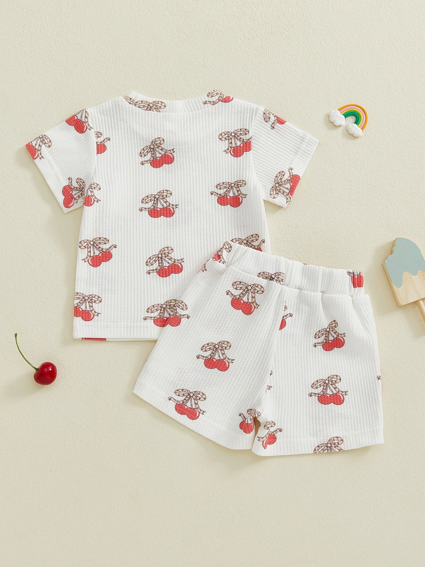 Baby Toddler Girls 2Pcs Outfits Fashionable Bow Cherry Print Short Sleeve Round Neck Top and Shorts Set