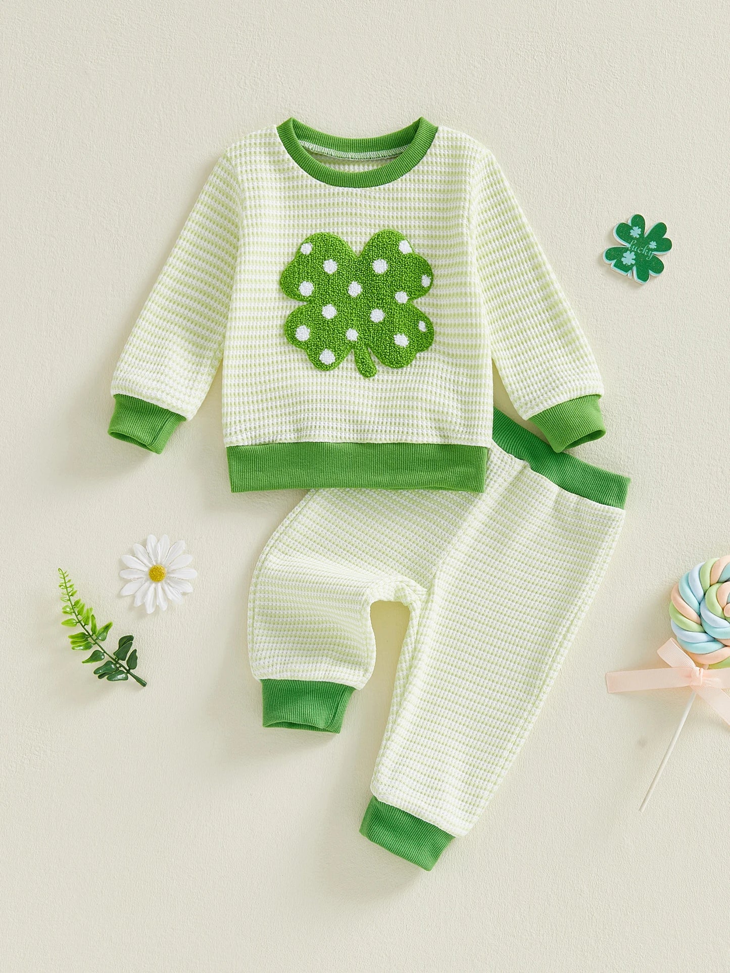 Baby Toddler Boys Girls 2Pcs Irish Clothing Set Fashionable Long Sleeve Shamrock Embroidery Pullover Top with Pants St. Patrick's Day Outfit Jogger Set