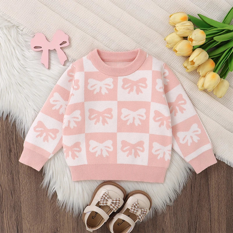 Baby Toddler Girls Sweater Bow Print Contrast Color Checkered Crew Neck Long Sleeve Baby Pullover Fall Top