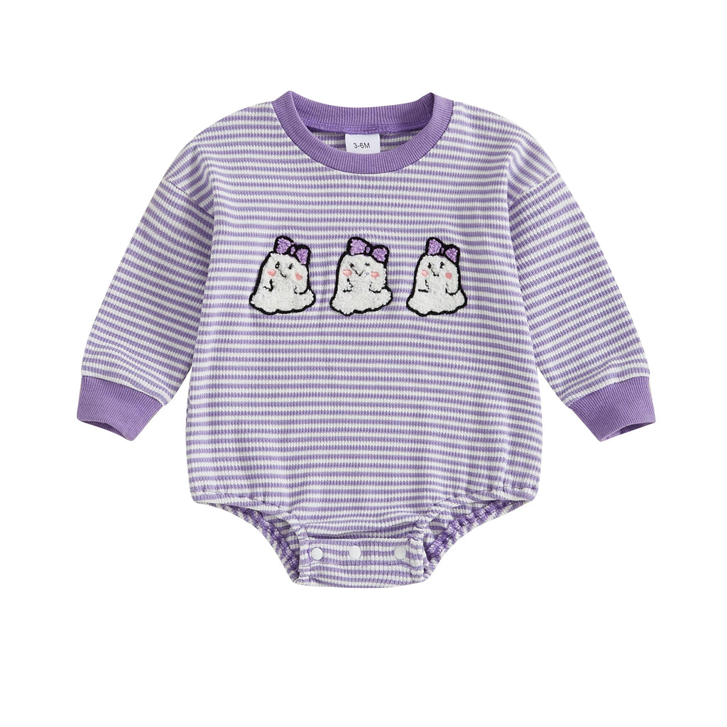 Baby Girls Boys Halloween Striped Romper Pumpkin/Ghost Embroidery Long Sleeve Jumpsuit