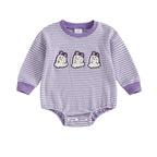 Baby Girls Boys Halloween Striped Romper Pumpkin/Ghost Embroidery Long Sleeve Jumpsuit