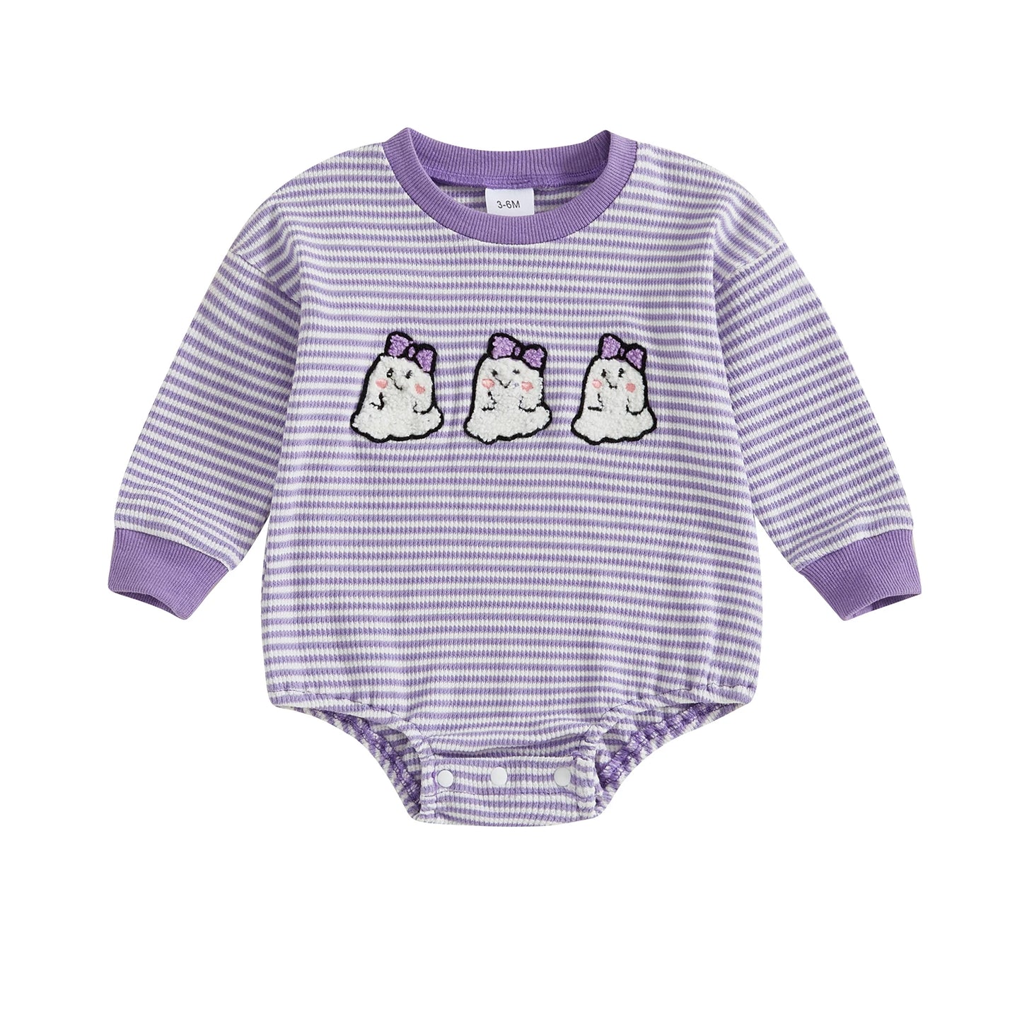 Baby Girls Boys Halloween Striped Romper Pumpkin/Ghost Embroidery Long Sleeve Jumpsuit