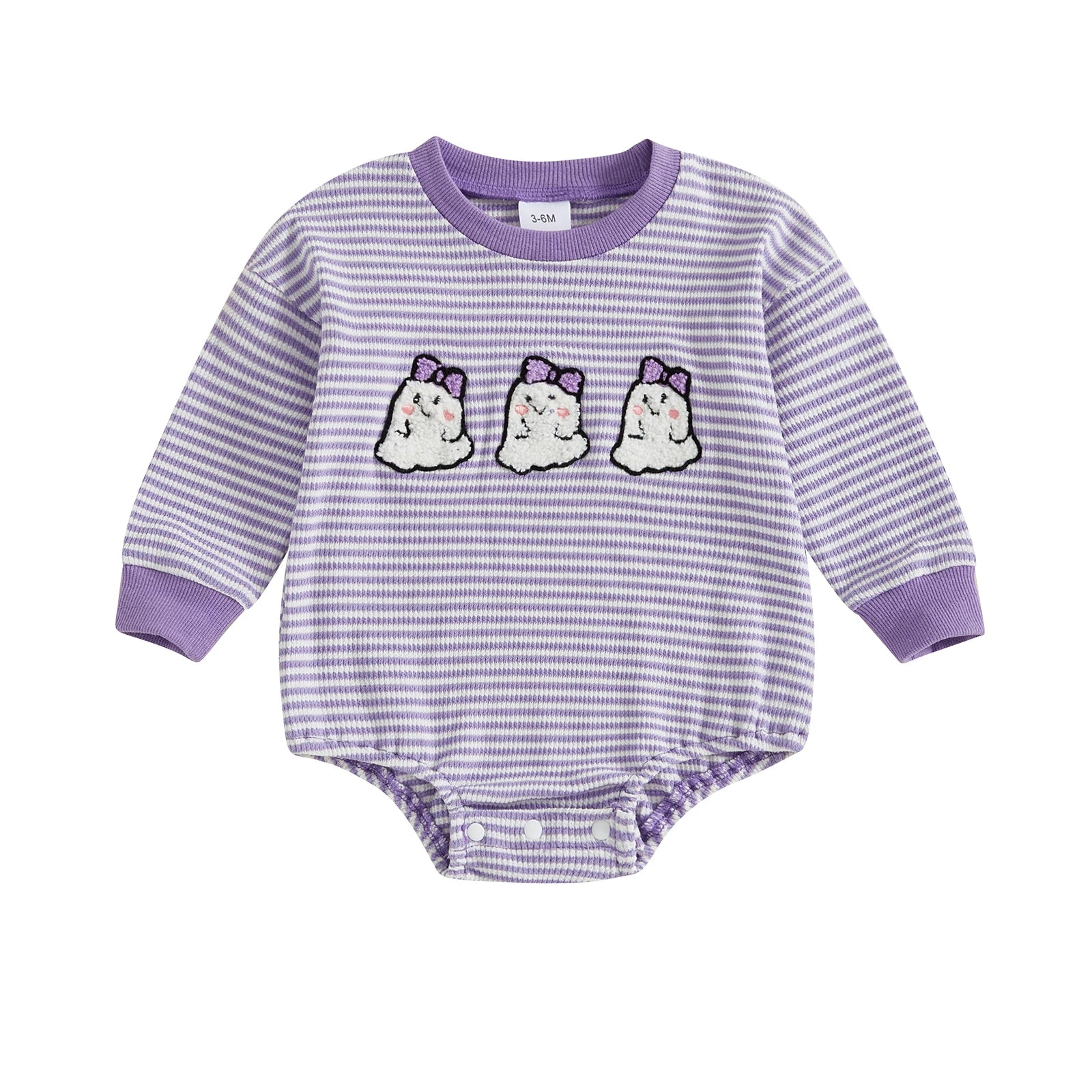 Baby Girls Boys Halloween Striped Romper Pumpkin/Ghost Embroidery Long Sleeve Jumpsuit