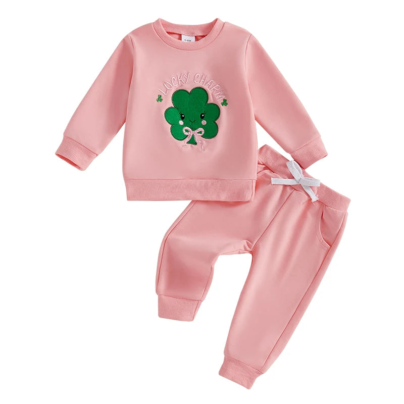 Baby Toddler Boys Girls 2Pcs Spring Outfit Lucky Charm Shamrock Letter Embroidery Long Sleeve Crew Neck Top with Drawstring Pants Jogger Set