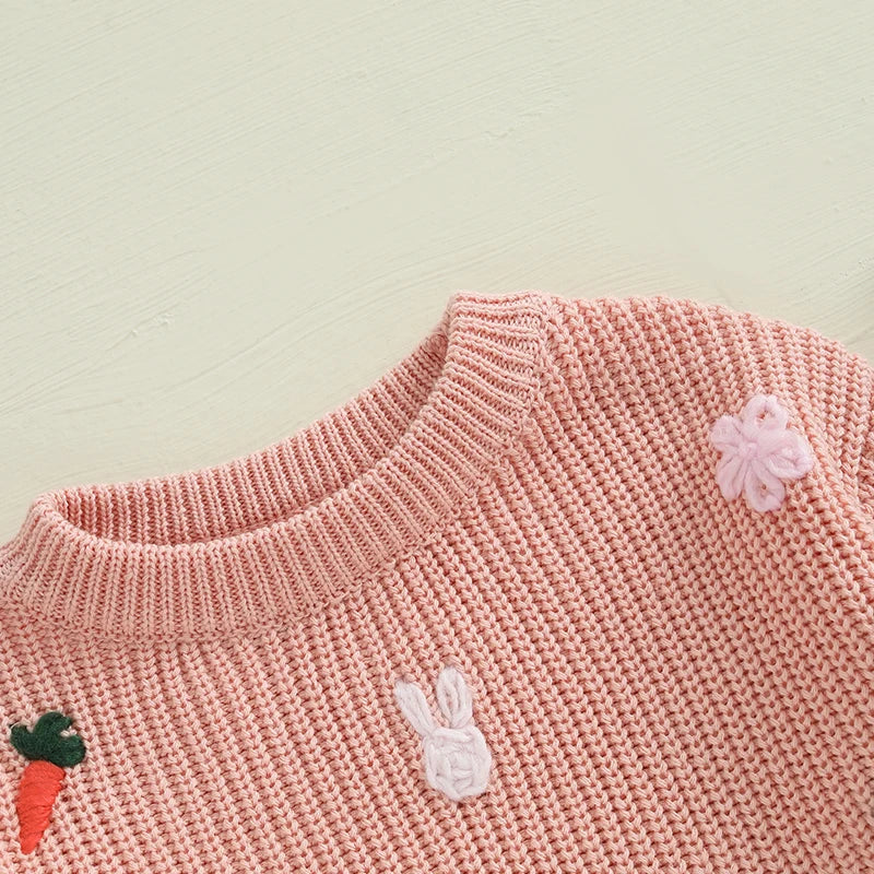 Baby Toddler Girls Knit Easter Sweater Long Sleeve O Neck Bunny Rabbit Carrot Embroidery Pullover Knitwear Top