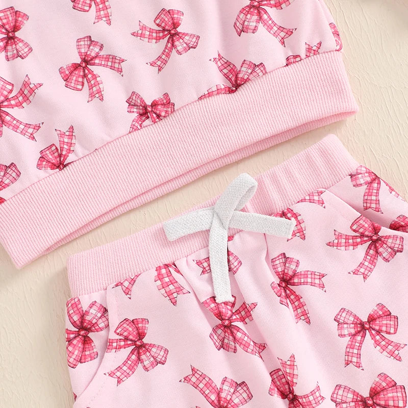 Baby Toddler Girls 2Pcs Fall Jogger Set Long Sleeve O Neck Bow Print Top Drawstring Pants Outfit