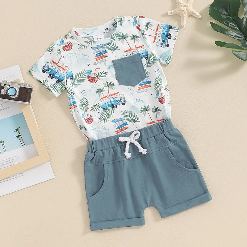 Baby Toddler Boys 2Pcs Summer Outfit Beach Style Palm Tree Coconut Van Surf Print Short Sleeve Top Elastic Waist Shorts Set