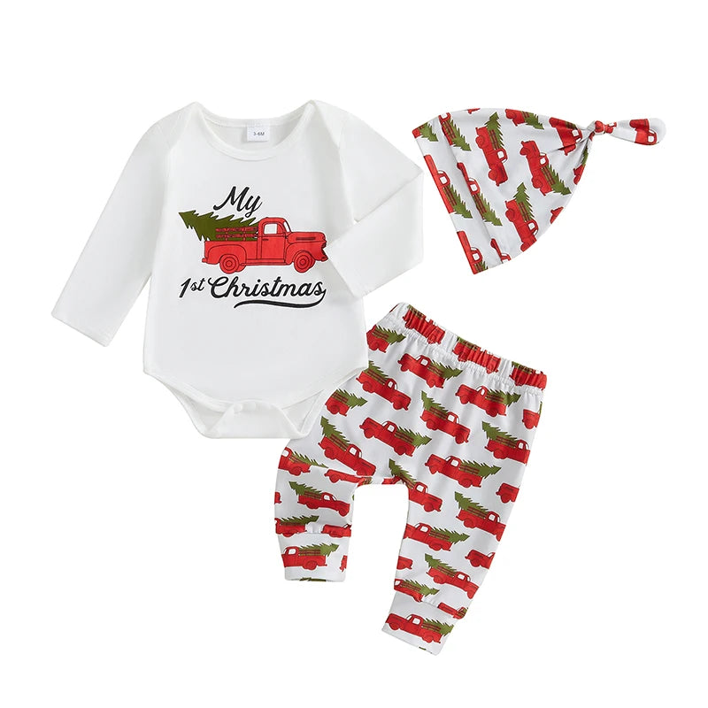 Baby Girls Boys 3Pcs My First 1st Christmas Outfit Long Sleeve Truck Tree Print Romper + Pants + Hat Set