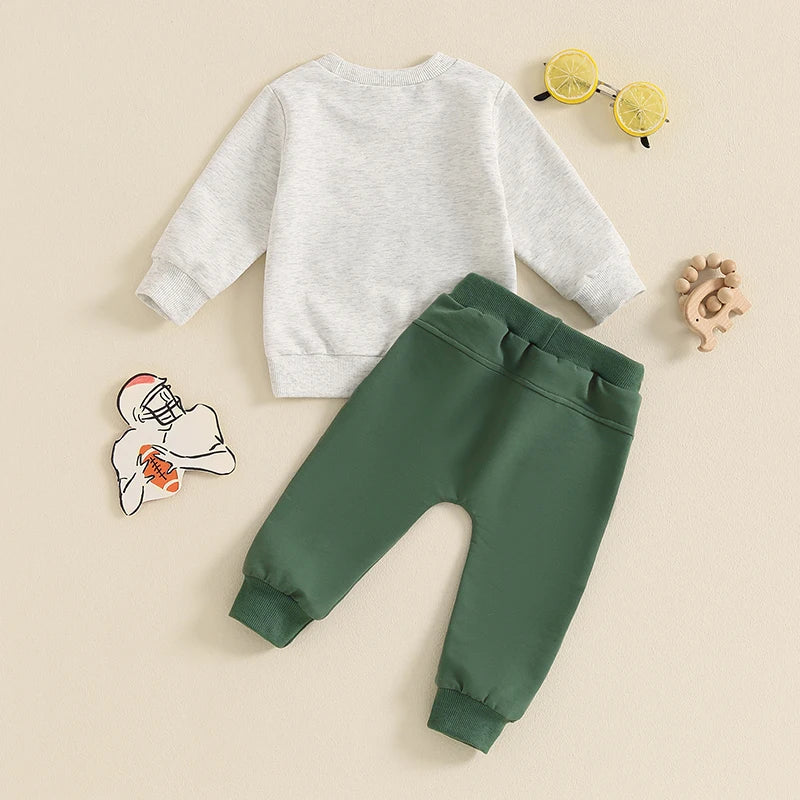 Baby Toddler Boys 2Pcs Go Team Fall Outfit Football Letter Embroidery Long Sleeve O-Neck Top and Solid Color Pants Set