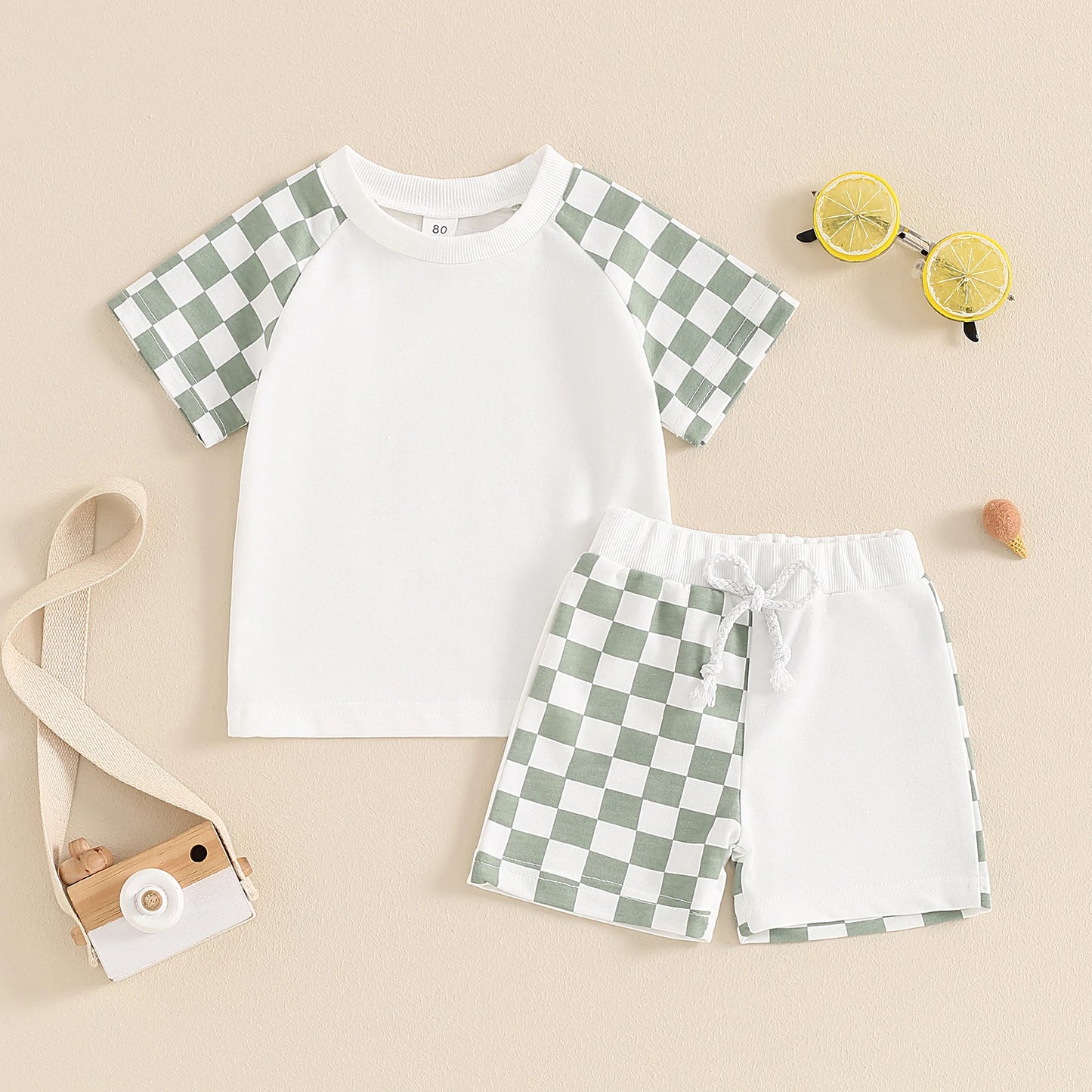 Baby Toddler Kids Boys 2Pcs Set Plaid Checker Short Sleeve Crew Neck Top with Elastic Waist Shorts Set Summer Outfit