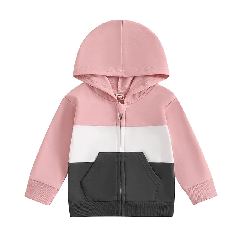 Baby Toddler Boys Girls Contrast Color Long Sleeve Zip Up Hooded Top