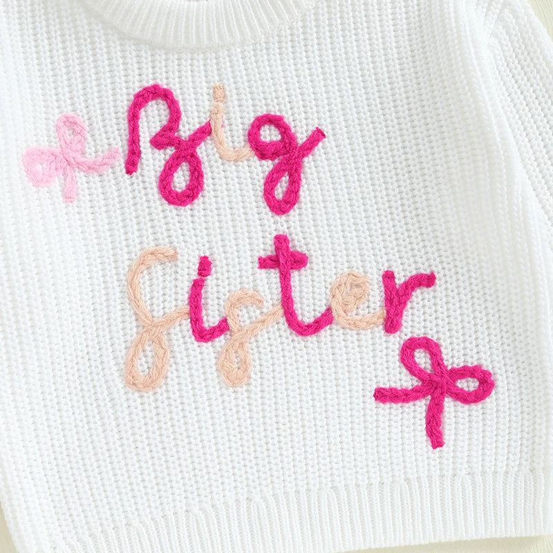 Baby Toddler Girls Lil/Big Sister Sweater Letter Bow Embroidery Crew Neck Long Sleeve Pullover Knit Top