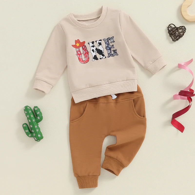 Baby Boys Girls 2Pcs 1st Birthday Outfit Long Sleeve ONE Letter Cowboy Gow Animals Print Top and Solid Color Pants Set