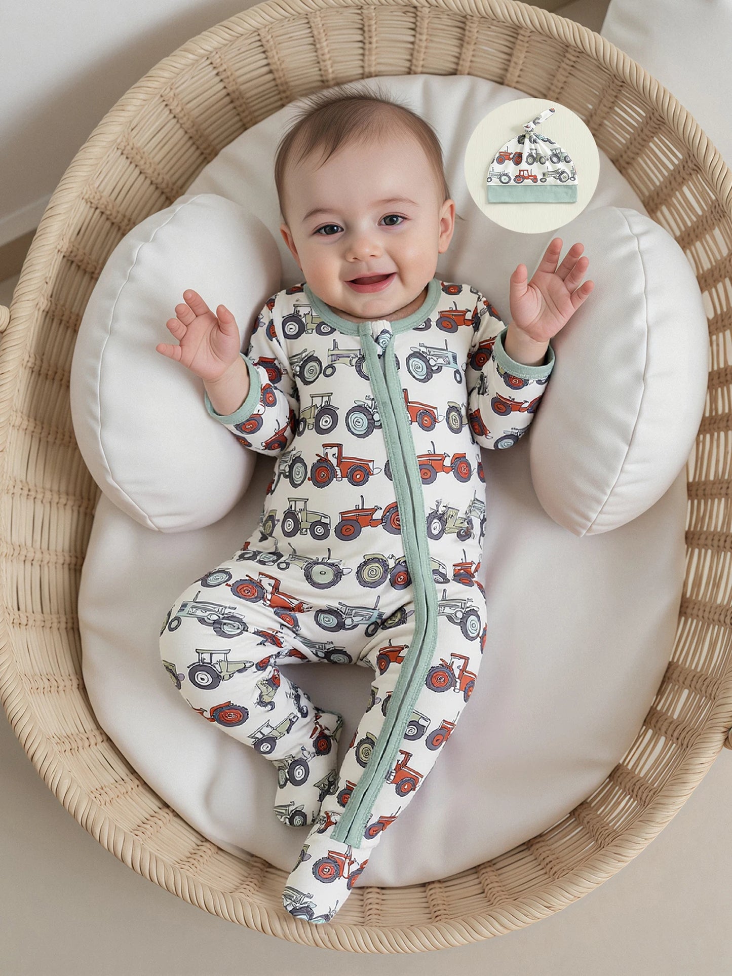 Baby Boys 2Pcs Fall Footed Romper Cute Tractor Pattern Round Neck Long Sleeve Zipper Jumpsuit with Hat Set